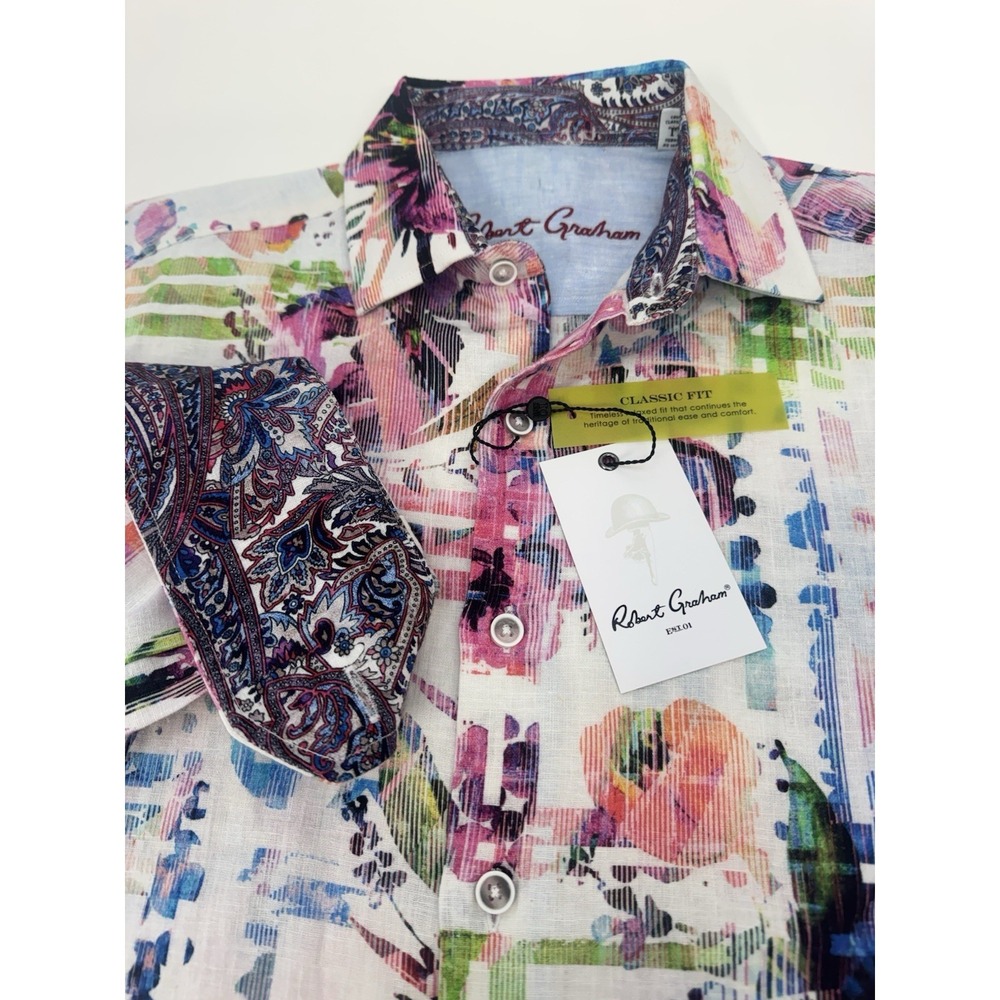 NWT Robert Graham CALDWELLS Linen Cotton Blend Watercolor Button Shirt XS $198 - Picture 2 of 13